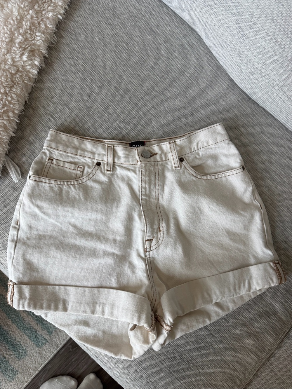 BDG High-Rise Rolled Hem Cream Cotton Shorts